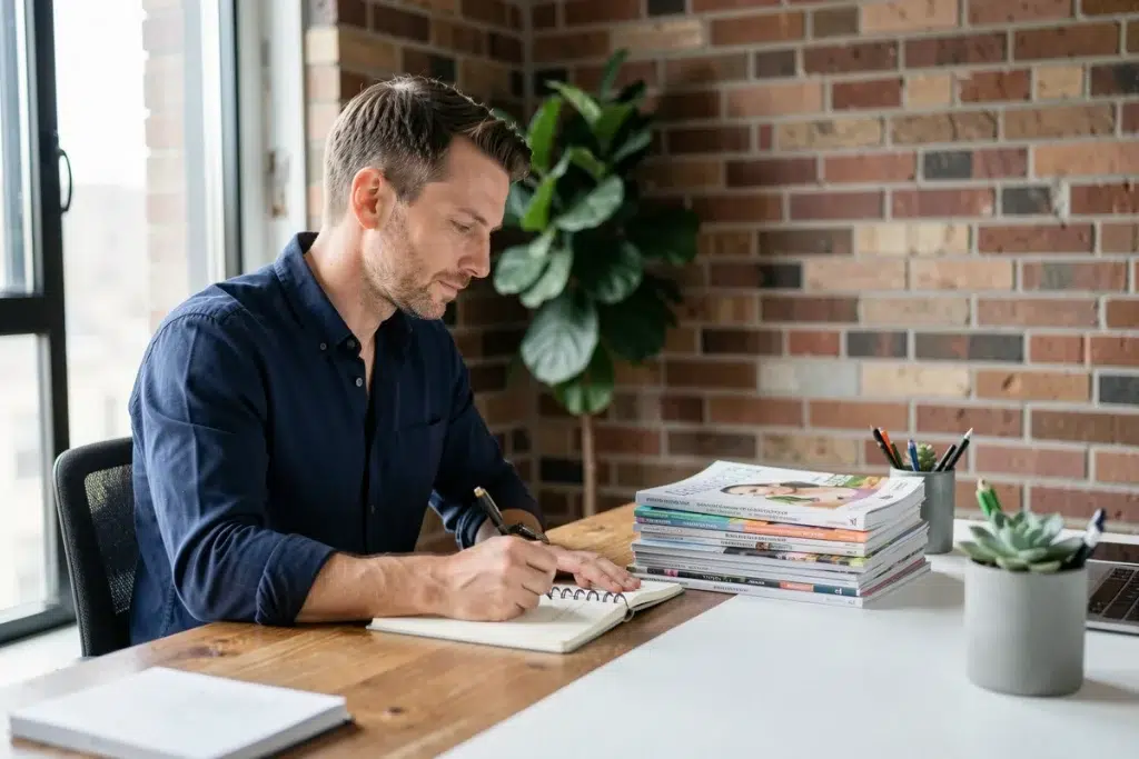 Homme écrivant dans un journal à côté de magazines de psychologie positive sur un bureau en bois, symbolisant un engagement durable envers le bien-être personnel