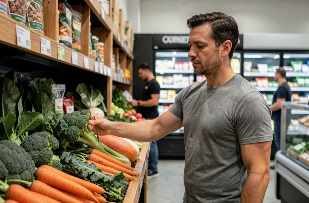 Homme choisissant des légumes riches en fibres dans un supermarché bio
