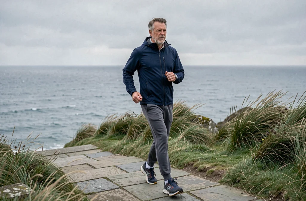 Homme pratiquant la marche rapide sur un sentier côtier pour améliorer sa santé cardiovasculaire et brûler des calories