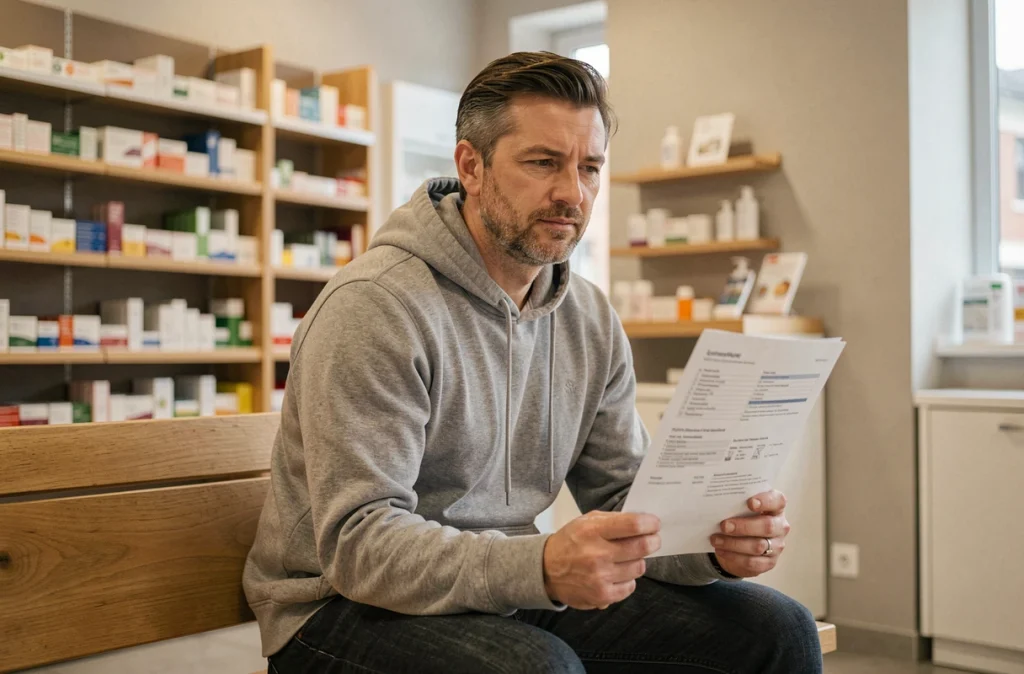 Homme lisant une fiche d'information sur le paracétamol et le malaise vagal en pharmacie