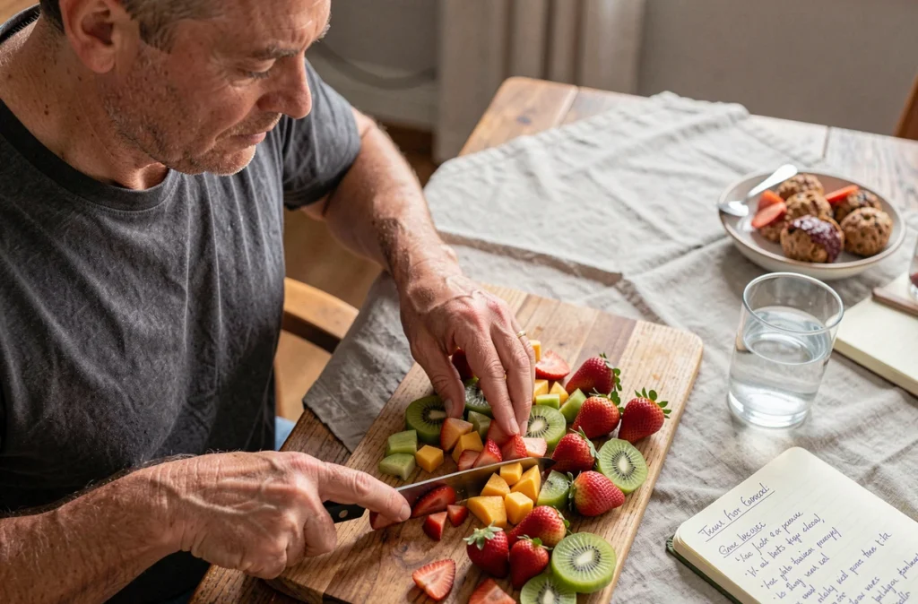 Homme préparant une salade de fruits sans sucre ajouté pour une alimentation saine et équilibrée