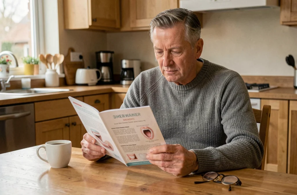 Homme senior lisant une brochure sur les prothèses dentaires comme alternative aux implants dans sa cuisine
