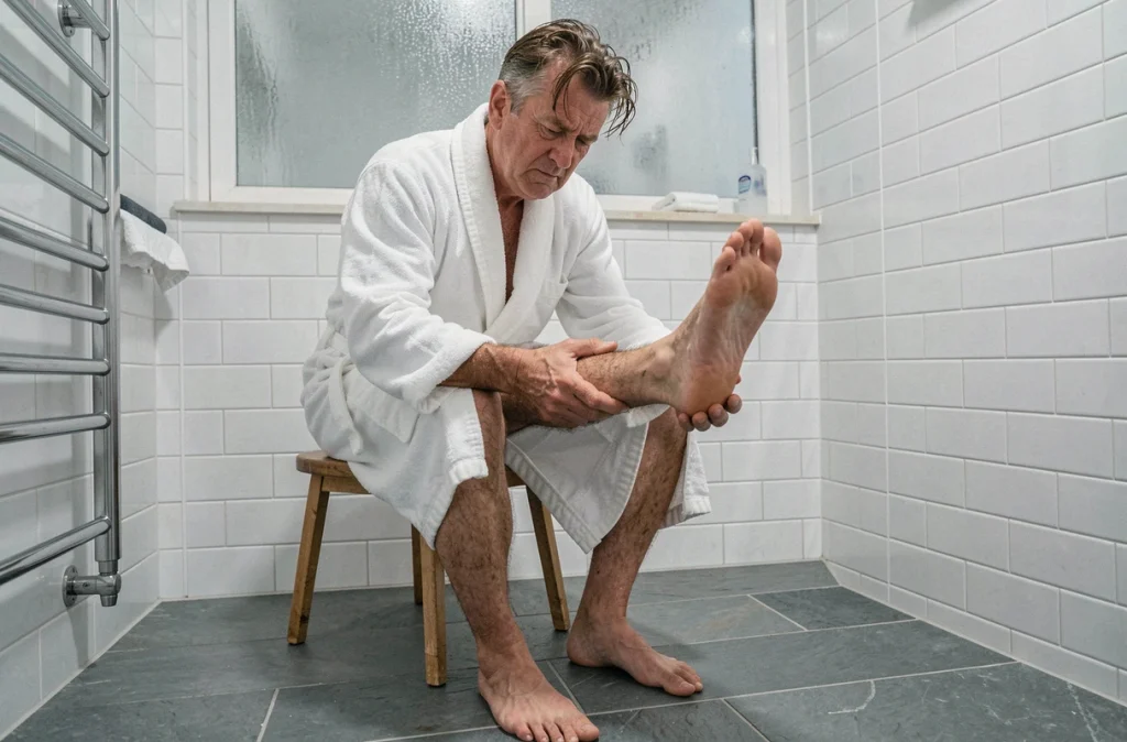 Homme en robe de chambre examinant son talon douloureux le matin dans la salle de bain, symptôme d'une épine calcanéenne
