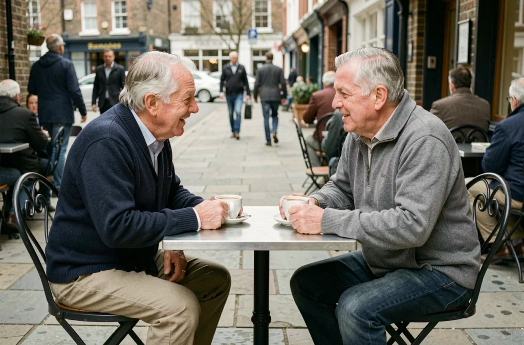 Deux hommes âgés discutant autour d'un café en terrasse, illustrant l'importance du lien social pour la santé mentale des personnes âgées