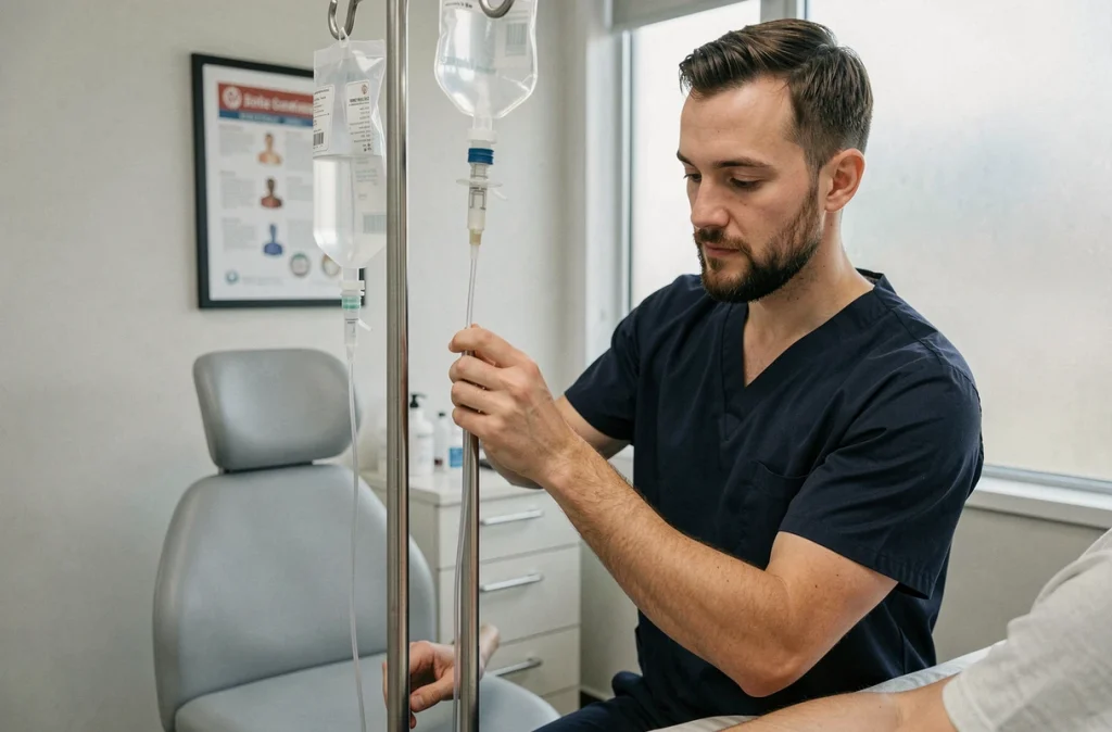 Infirmier ajustant la perfusion de fer d'un patient dans une salle de soins médicale, interaction soignant-patient professionnelle