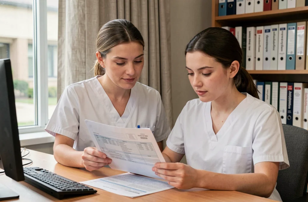 Infirmière psychiatrique et patiente examinant ensemble un plan de soins pour les troubles anxieux dans un bureau hospitalier