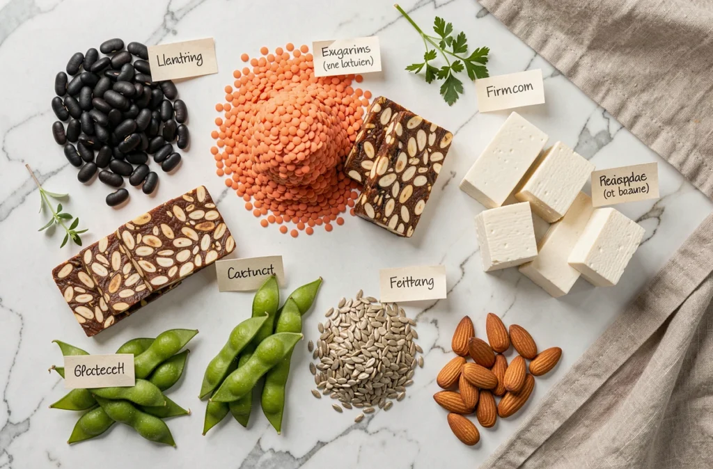 Ingrédients riches en protéines végétales disposés en flat lay sur marbre blanc : lentilles, tofu, tempeh, haricots et graines