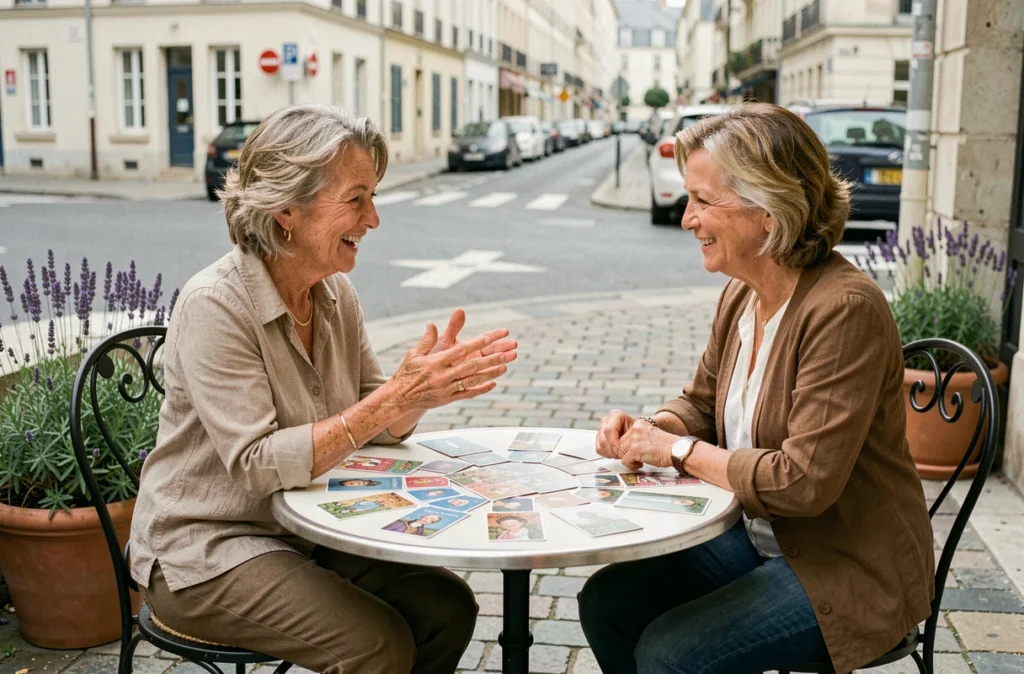 Deux femmes d'âge mûr jouant à un jeu de mémoire en terrasse de café pour entretenir leurs capacités cognitives