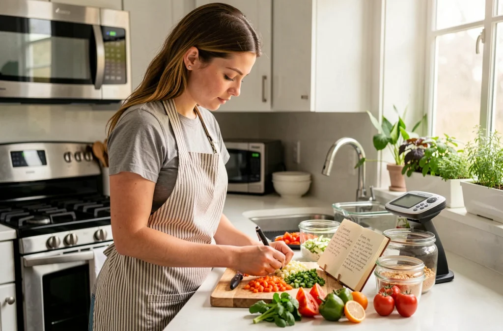 Jeune femme en tablier notant ses repas dans un carnet alimentaire pendant la préparation de ses repas de la semaine