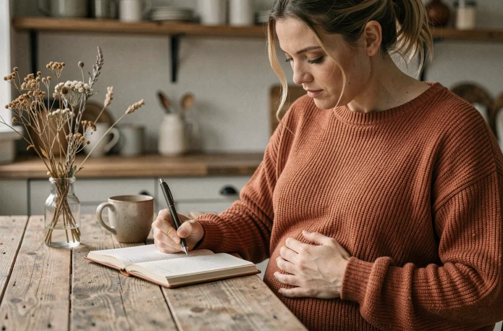 Femme enceinte écrivant dans un journal intime à la table de cuisine, exprimant ses émotions pendant la grossesse