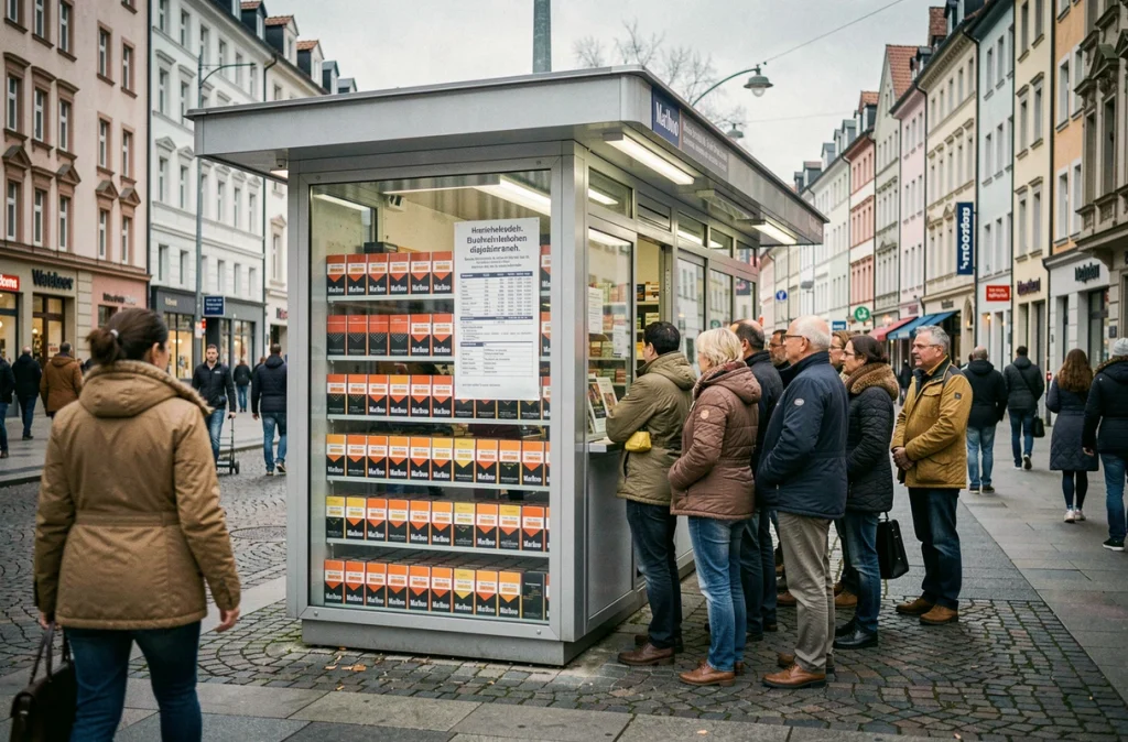 Kiosque à journaux dans une rue allemande exposant des cigarettes Marlboro en vitrine avec des clients adultes faisant la queue, dans le contexte des nouvelles taxes sur le tabac en Allemagne
