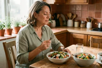 Femme mangeant lentement et consciencieusement à une table en bois, favorisant la régulation de l'appétit