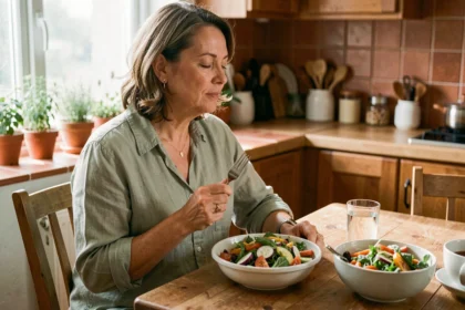 Femme mangeant lentement et consciencieusement à une table en bois, favorisant la régulation de l'appétit