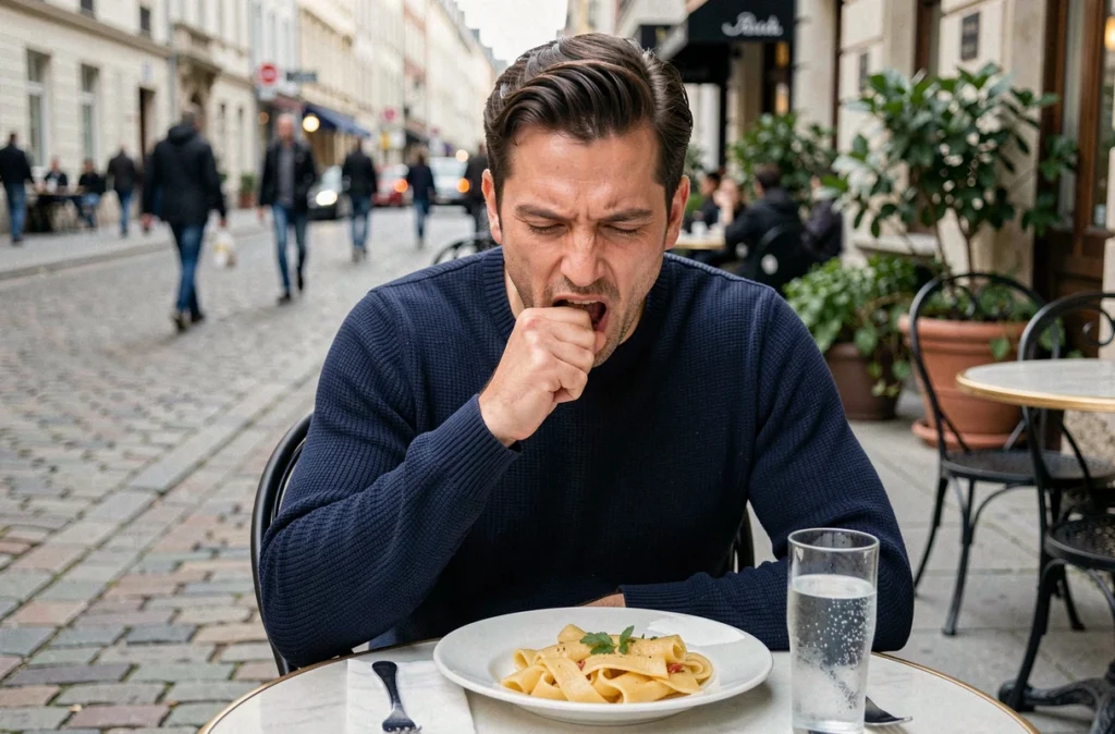 Homme mangeant lentement dans un café en plein air, savourant son repas pour mieux contrôler son appétit