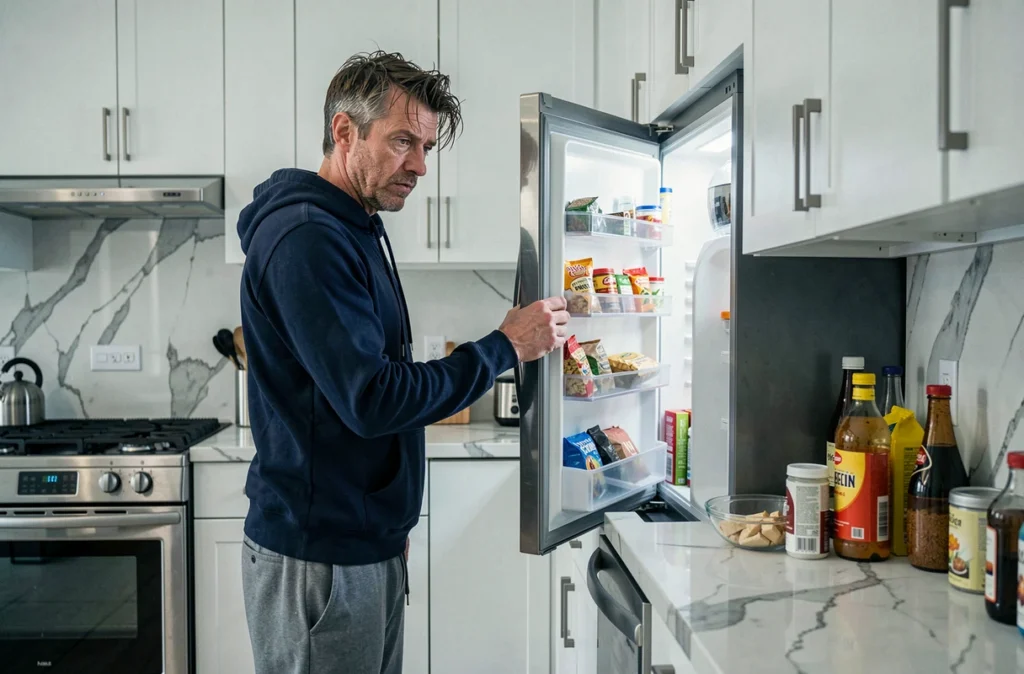 Homme fatigué qui grignote devant le réfrigérateur le matin, lien entre manque de sommeil et prise de poids