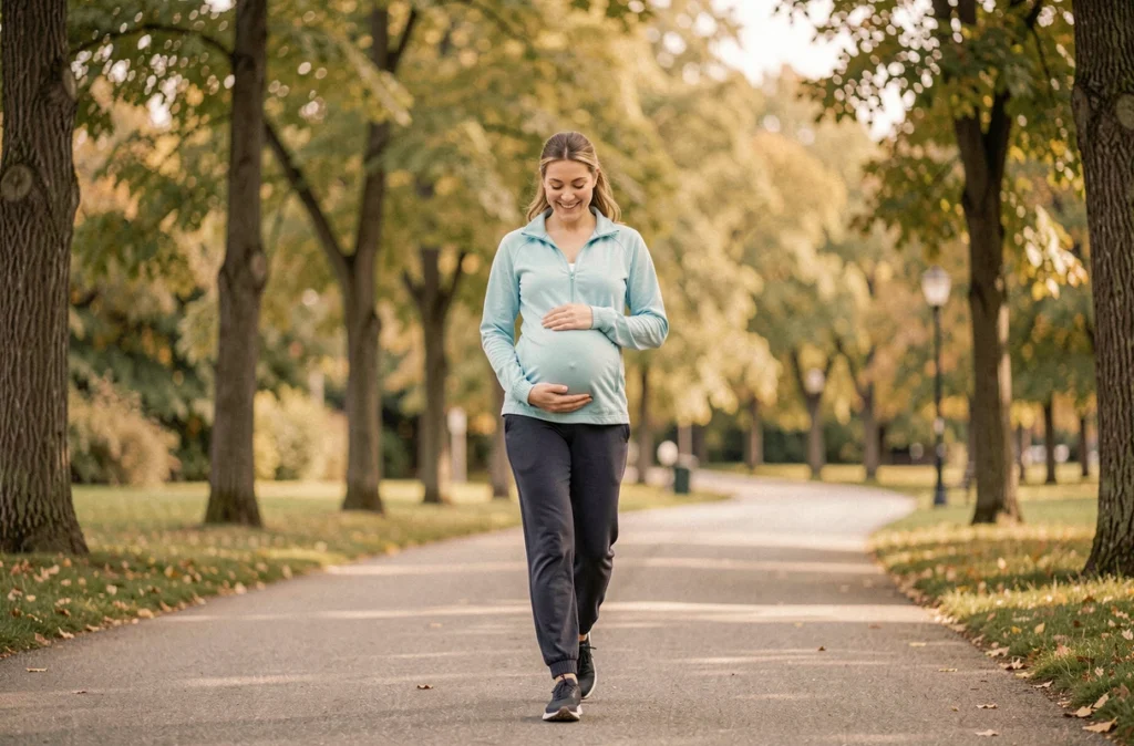 Femme enceinte marchant dans un parc en automne lors d'une activité physique adaptée