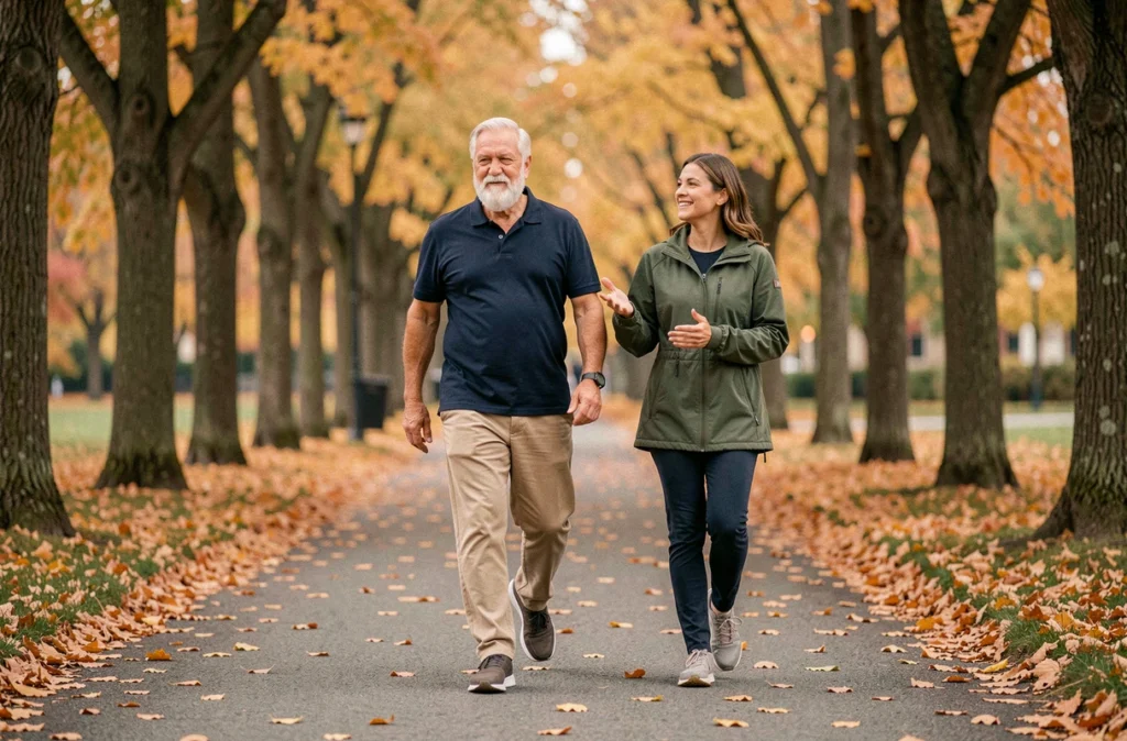 Un homme âgé marchant en plein air dans un parc automnal accompagné d'une kinésithérapeute dans le cadre d'une activité physique adaptée aux seniors