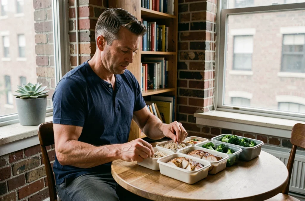 Homme préparant ses repas en portions contrôlées dans des boîtes de meal prep pour perdre du poids progressivement