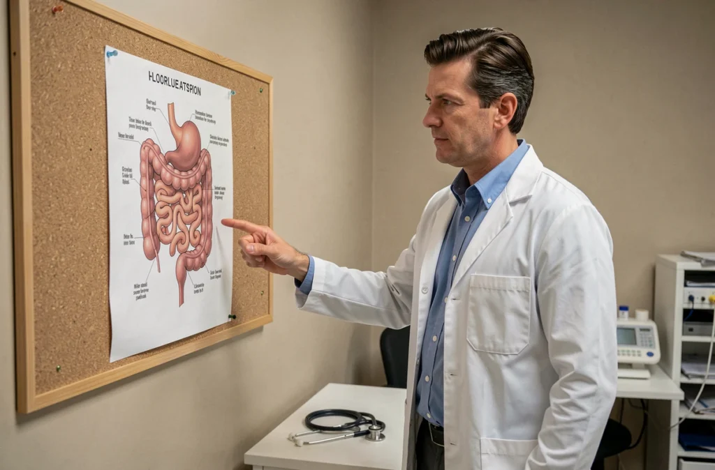 Médecin gastro-entérologue expliquant les facteurs de risque de la maladie coeliaque devant un schéma de l'intestin grêle