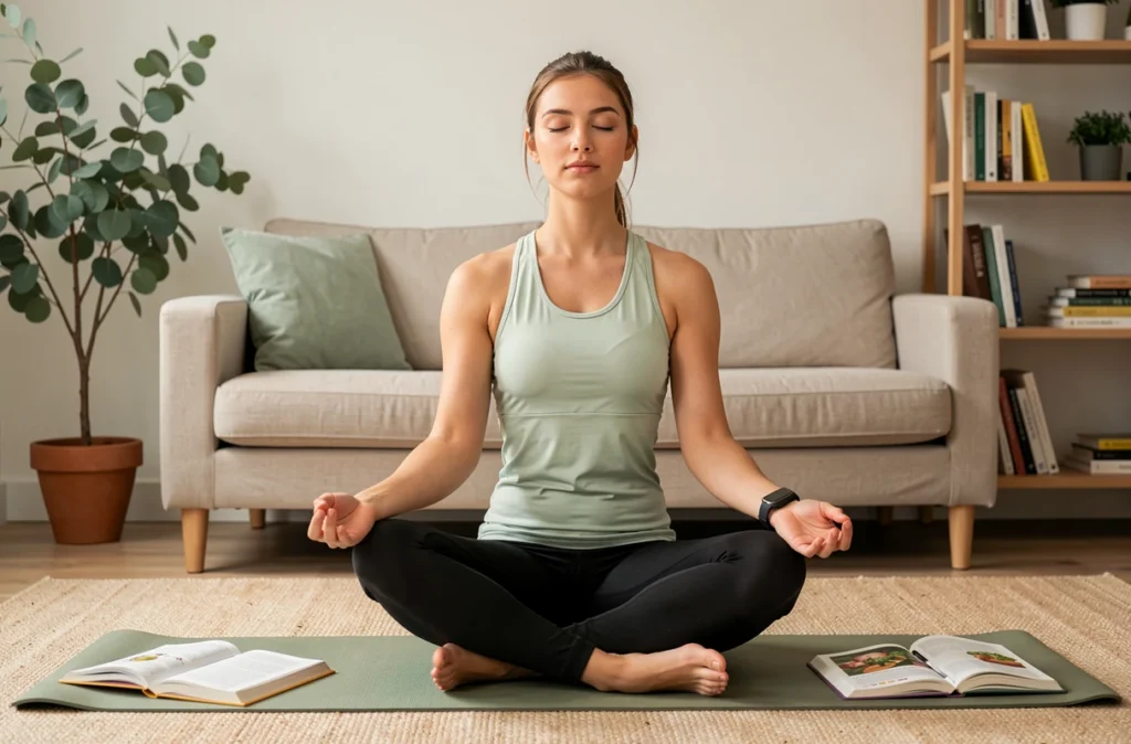 Jeune femme pratiquant la méditation avec un tracker de sommeil au poignet et un journal nutritionnel, gestion du poids et qualité du sommeil