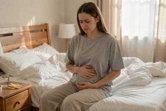 Femme enceinte assise sur son lit souffrant de nausées matinales avec un verre d'eau et des biscuits sur la table de nuit