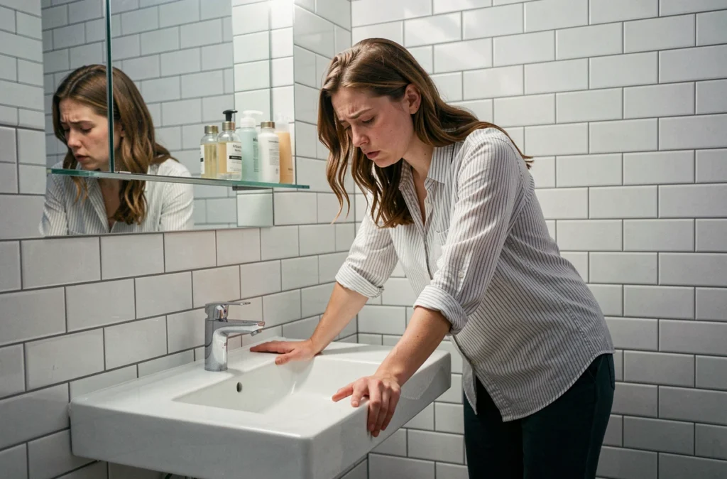 Femme penchée au-dessus d'un lavabo de salle de bain souffrant de nausées matinales pendant la grossesse