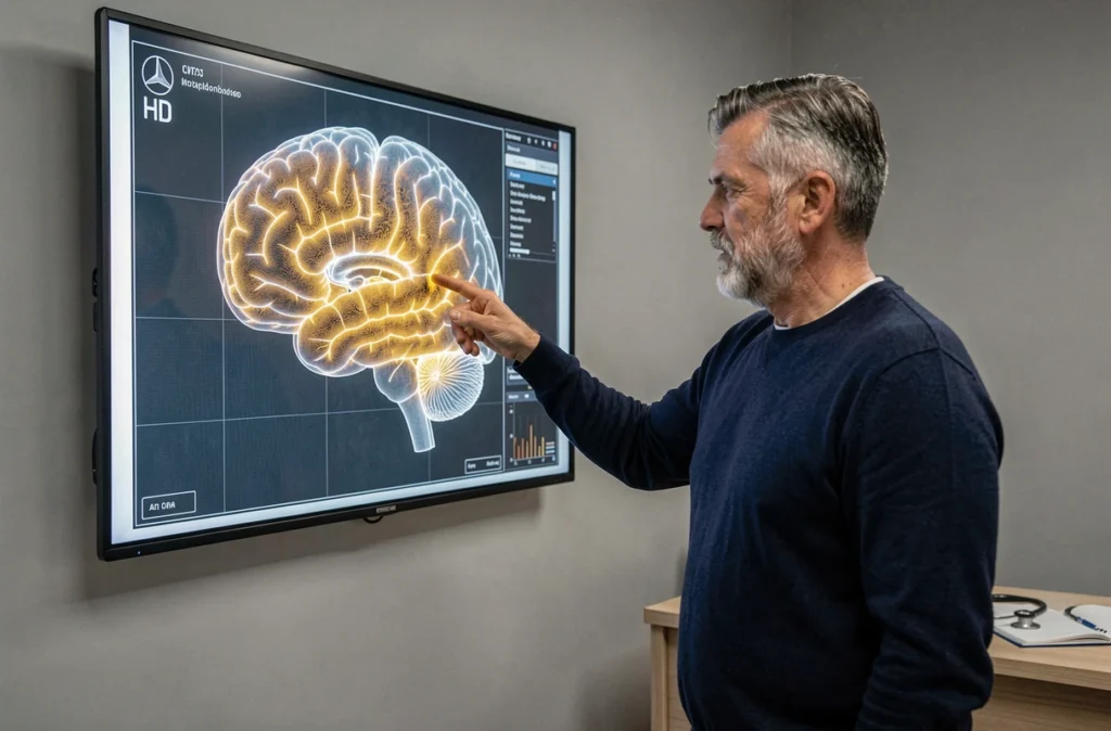 Neurologue pointant l'hippocampe sur une IRM cérébrale affichée sur écran lors d'une consultation médicale