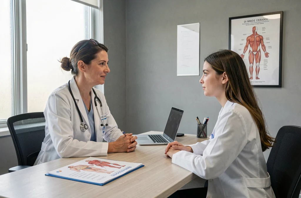 Dermatologue en consultation avec une patiente discutant d'un traitement contre l'acné hormonale