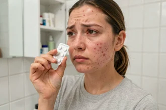 Jeune femme tenant une plaquette de pilules contraceptives en regardant sa peau acnéique dans un miroir de salle de bain