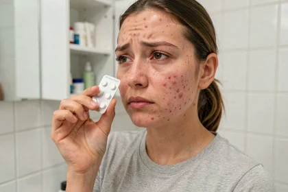 Jeune femme tenant une plaquette de pilules contraceptives en regardant sa peau acnéique dans un miroir de salle de bain