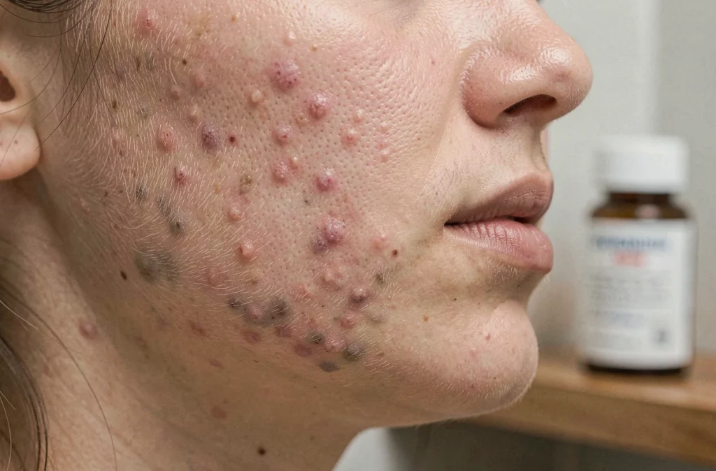 Gros plan sur la peau du visage montrant des boutons d'acné en cours de traitement hormonal