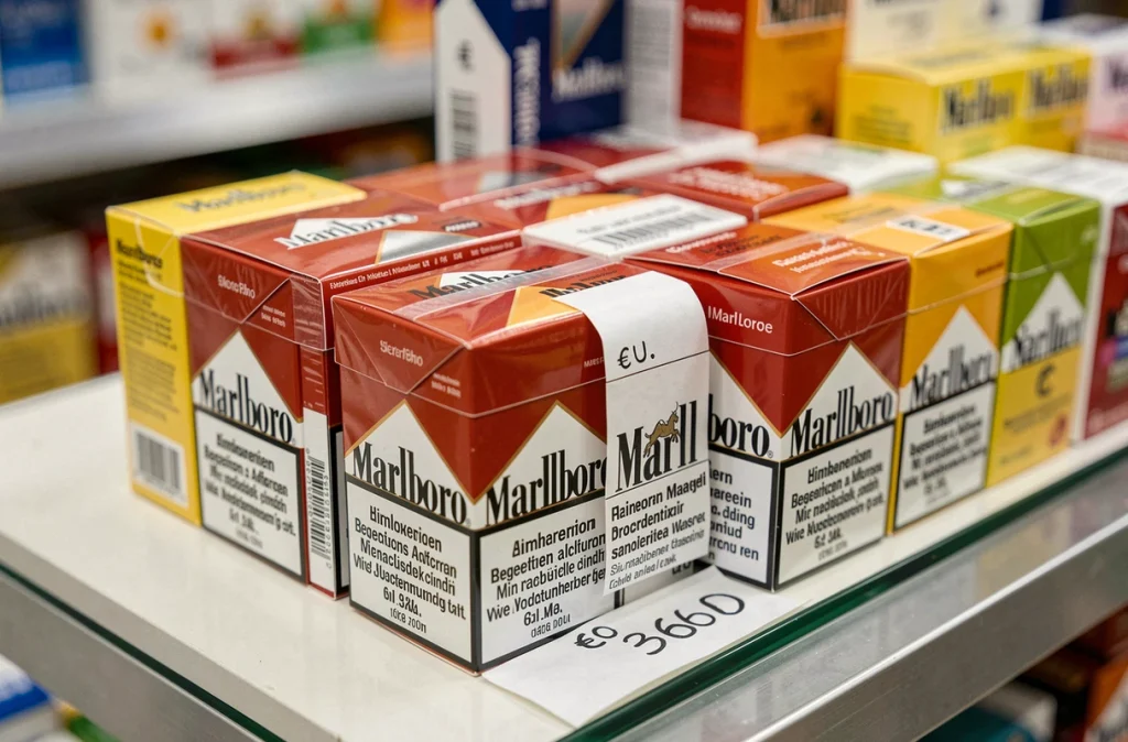Gros plan sur des paquets de cigarettes Marlboro avec étiquettes de prix en euros dans un commerce allemand, illustrant la hausse des taxes sur le tabac en 2026