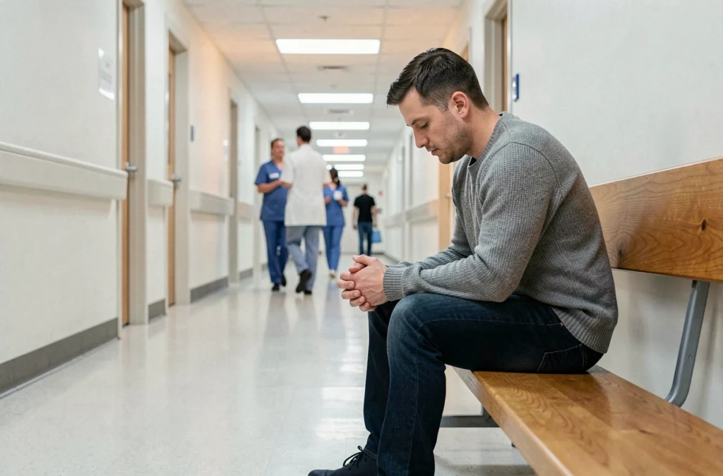 Homme seul dans un couloir d'hôpital après l'annonce d'un diagnostic de sclérose en plaques