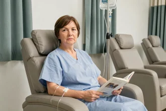 Femme recevant une perfusion de fer en hôpital de jour, assise dans un fauteuil médical avec une ligne intraveineuse au bras