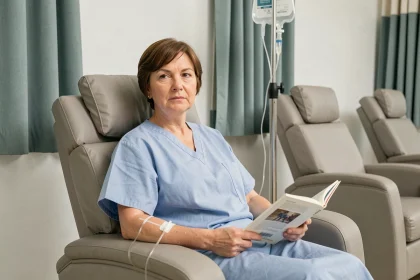 Femme recevant une perfusion de fer en hôpital de jour, assise dans un fauteuil médical avec une ligne intraveineuse au bras