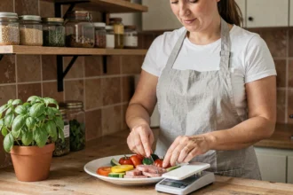 Femme pesant ses portions alimentaires sur une balance de cuisine avec des légumes colorés et protéines maigres pour un rééquilibrage alimentaire durable