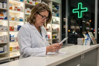 Pharmacienne de garde dans une pharmacie ouverte la nuit dans l'Oise, prête à accueillir les patients