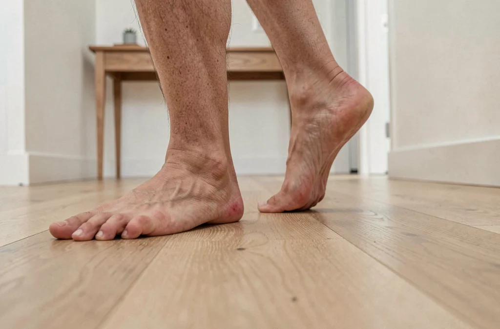 Pieds nus sur parquet le matin avec rougeur au niveau du talon illustrant la douleur de l'épine calcanéenne au réveil