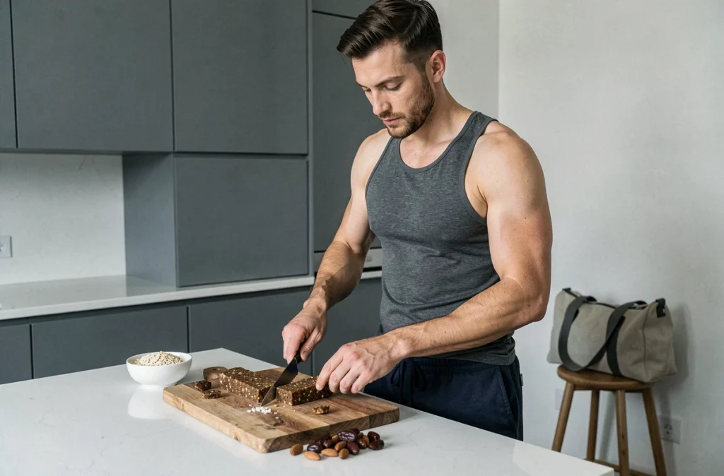 Homme préparant des barres énergétiques maison après l'entraînement de barre dans une cuisine moderne