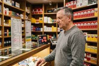 Un homme allemand d'âge mûr examine les prix des cigarettes Marlboro dans un bureau de tabac en Allemagne, reflétant l'impact des hausses de taxes en 2026