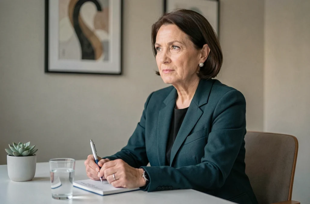 Psychologue spécialisée en burn-out et stress professionnel en séance de consultation dans un cabinet moderne et épuré