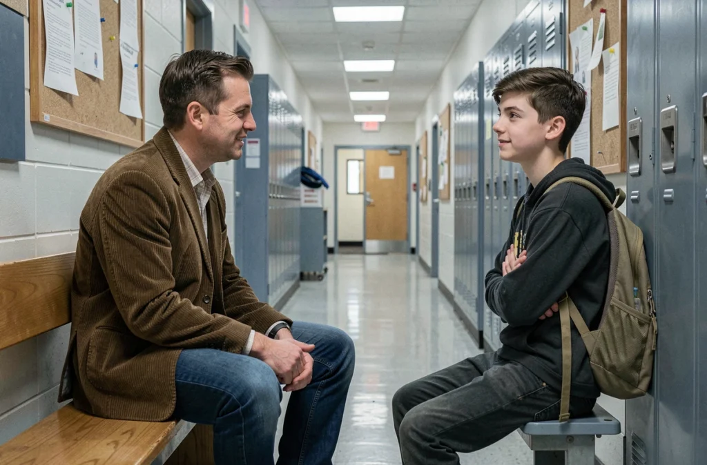 Psychologue scolaire masculin discutant avec un adolescent dans un couloir d'école