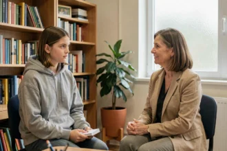 Adolescente en entretien avec une psychologue scolaire dans un bureau calme et boisé