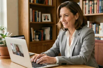 Psychologue femme en téléconsultation depuis son bureau à domicile, illustrant l'évolution du métier face au travail à distance