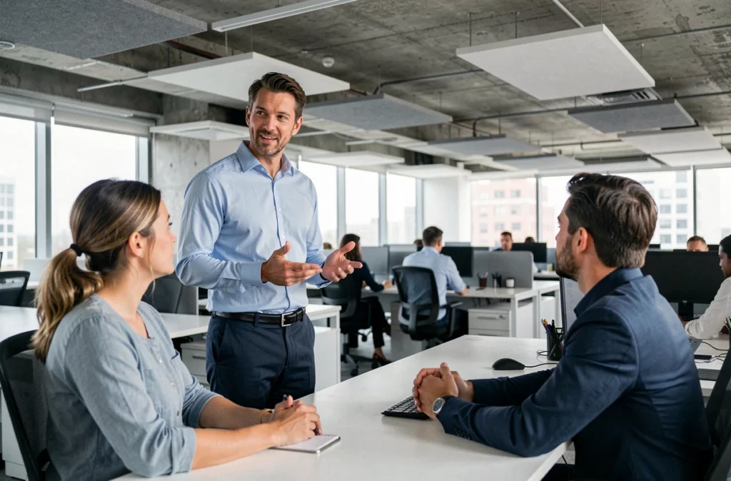 Psychologue du travail en échange informel avec des employés dans un open space moderne, reflet des nouvelles formes d'organisation professionnelle