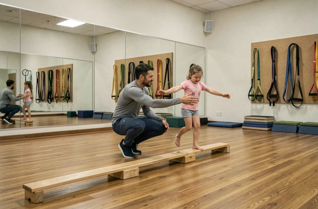 Psychomotricien guidant une fillette sur une poutre d'équilibre dans un gymnase de rééducation psychomotrice