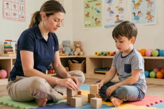Psychomotricienne accompagnant un enfant dans un exercice sensoriel avec des blocs en bois colorés en salle de thérapie