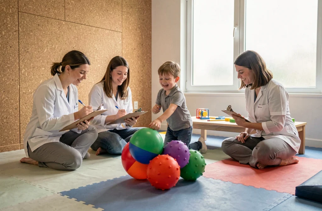 Deux psychomotriciennes observant un jeune enfant jouant avec des ballons sensoriels lors d'une séance d'évaluation en cabinet