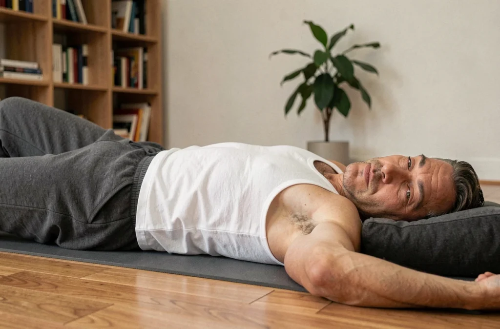 Homme allongé sur un tapis de yoga observant les pulsations visibles de son ventre, illustration du phénomène d'aorte abdominale perceptible en position couchée