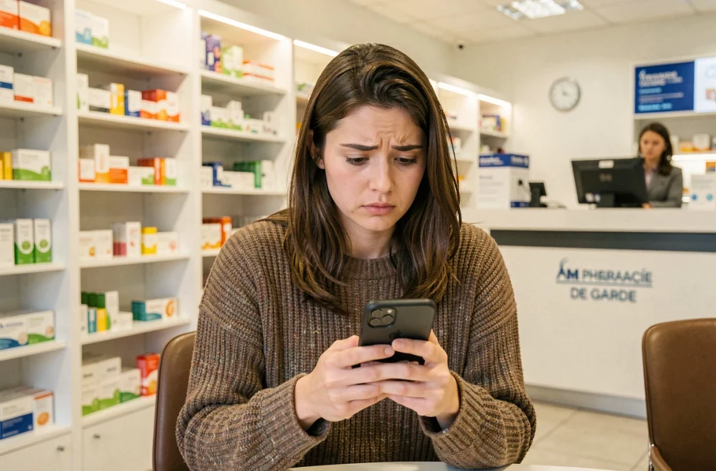 Femme cherchant sur son téléphone une pharmacie de garde ouverte dans l'Oise